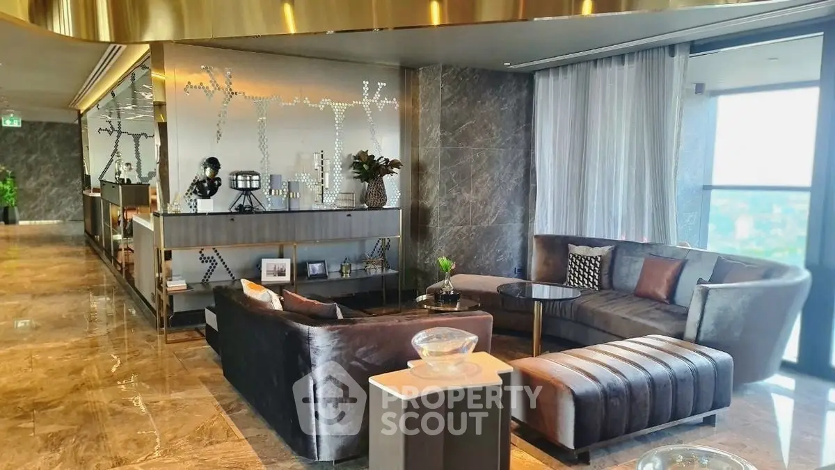 Luxurious living room with modern decor and panoramic city view