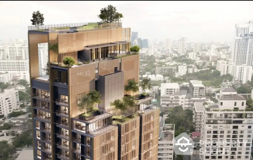 Luxurious high-rise building with rooftop gardens and stunning city views