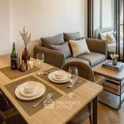 Modern living room with elegant dining setup and cozy sofa, perfect for urban living.