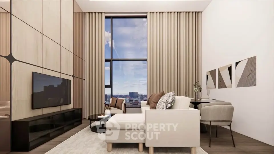 Luxurious modern living room with high ceilings and panoramic city view.