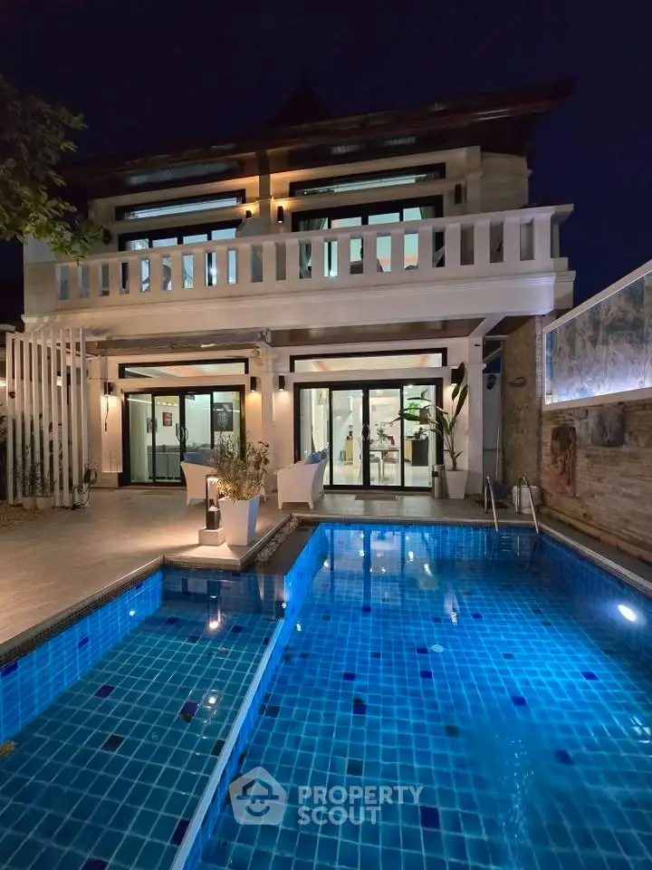 Luxurious villa with illuminated pool and modern architecture at night