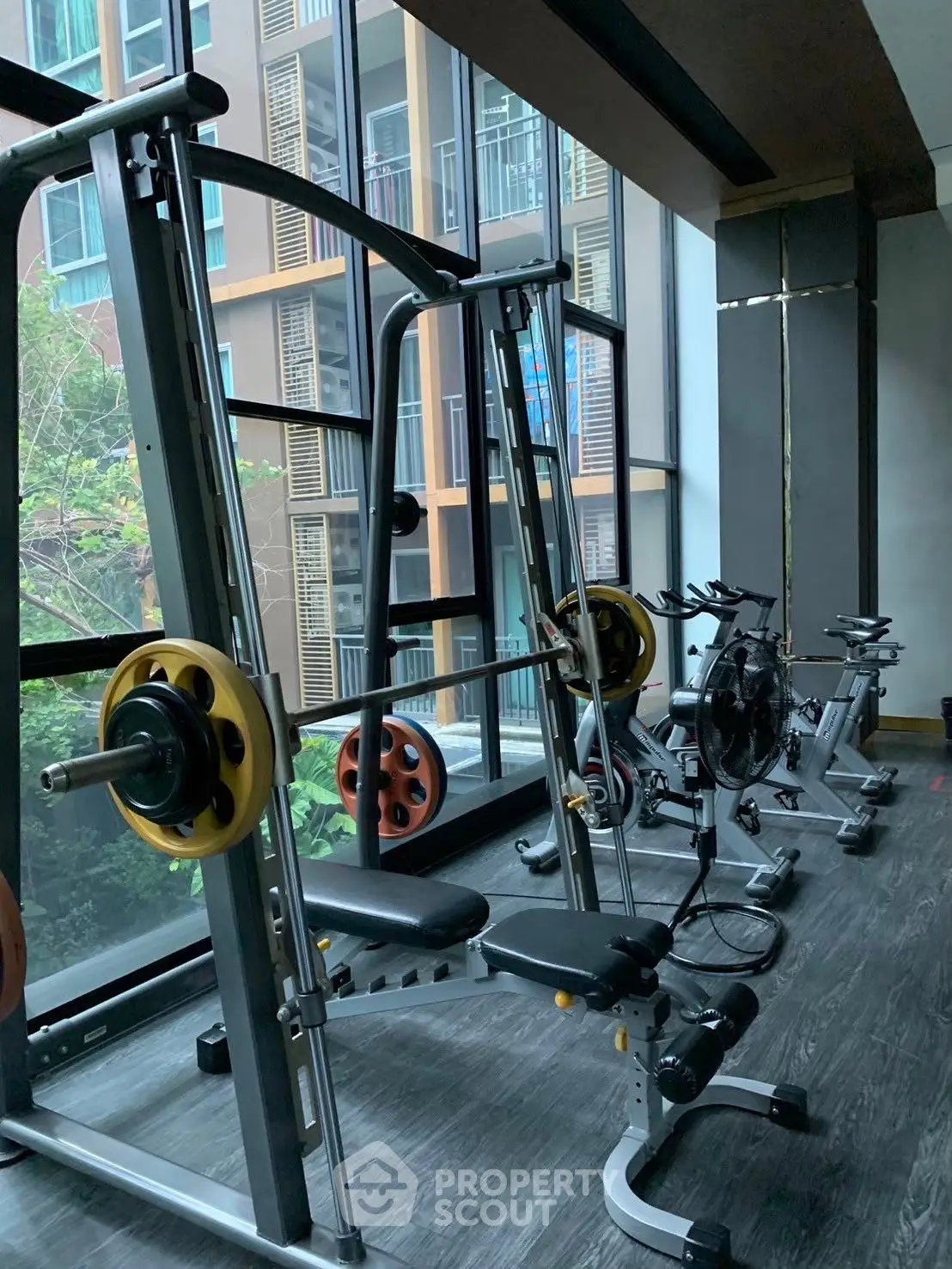 Modern gym with weightlifting equipment and exercise bikes in a high-rise building.