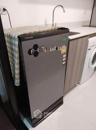 Modern kitchen with compact fridge and washing machine, sleek cabinetry, and stylish sink.