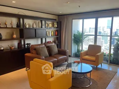 Luxurious living room with city view, modern furniture, and elegant decor.