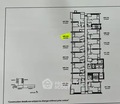 Detailed floor plan of a modern apartment building highlighting unit A06.