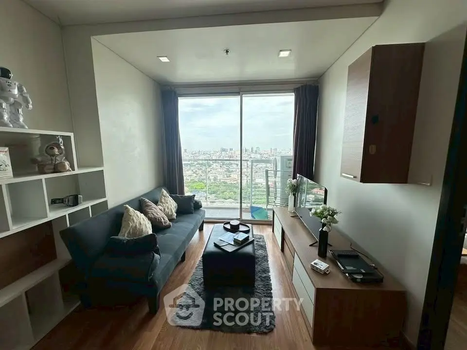 Modern living room with stunning city view and stylish decor