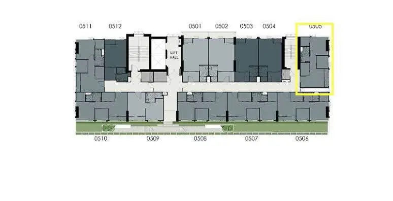 Floor plan layout of a modern apartment building with highlighted unit 0506.