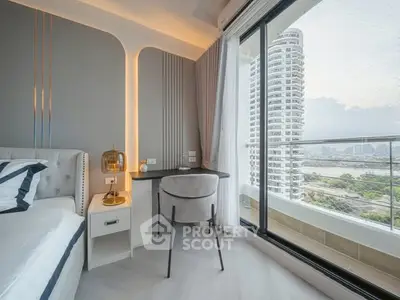 Luxurious bedroom with stunning city view and elegant decor