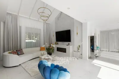 Luxurious modern living room with elegant decor and large windows