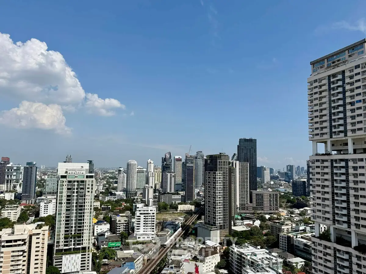 Stunning cityscape view showcasing modern high-rise buildings under a clear blue sky.