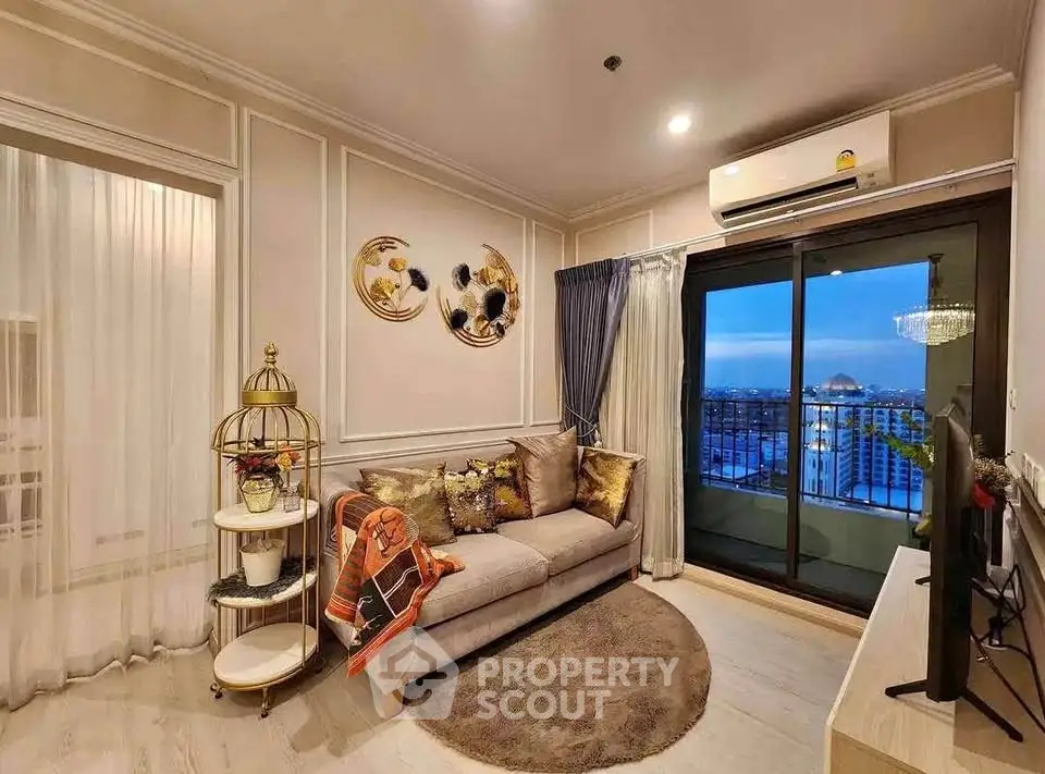 Elegant living room with stylish decor and balcony view, featuring cozy sofa and modern air conditioning.