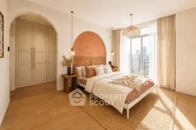 Luxurious bedroom with city view, elegant decor, and natural light in modern apartment.