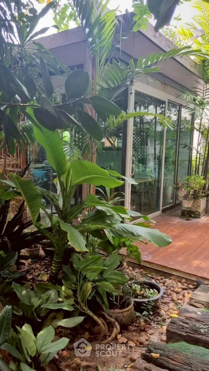 Charming garden view of a modern home with lush greenery and wooden deck, perfect for nature lovers.
