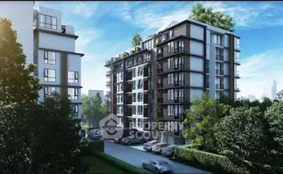 Modern apartment building with lush greenery and ample parking space