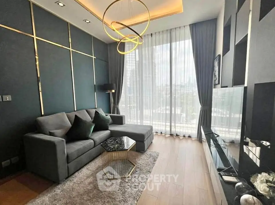 Luxurious modern living room with elegant decor and large window view