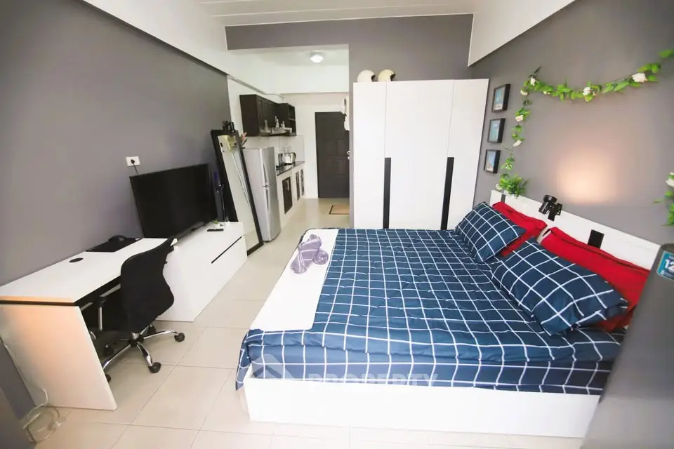 Modern studio apartment with stylish decor and compact kitchen