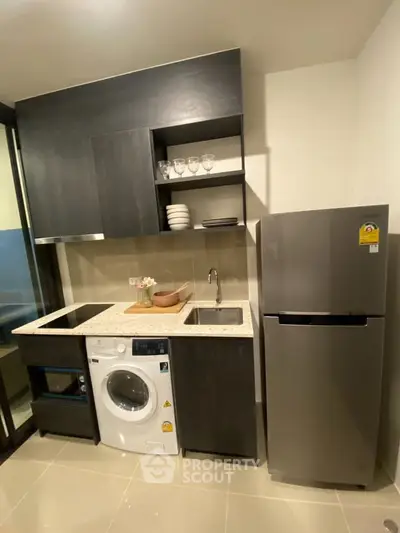 Modern compact kitchen with sleek appliances and stylish cabinetry