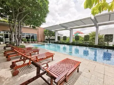 Luxurious outdoor pool area with sun loungers and lush greenery