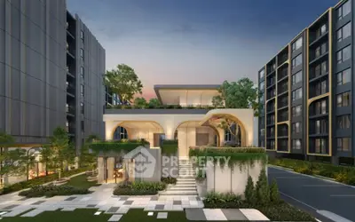 Luxurious modern building exterior with lush greenery and elegant architecture.