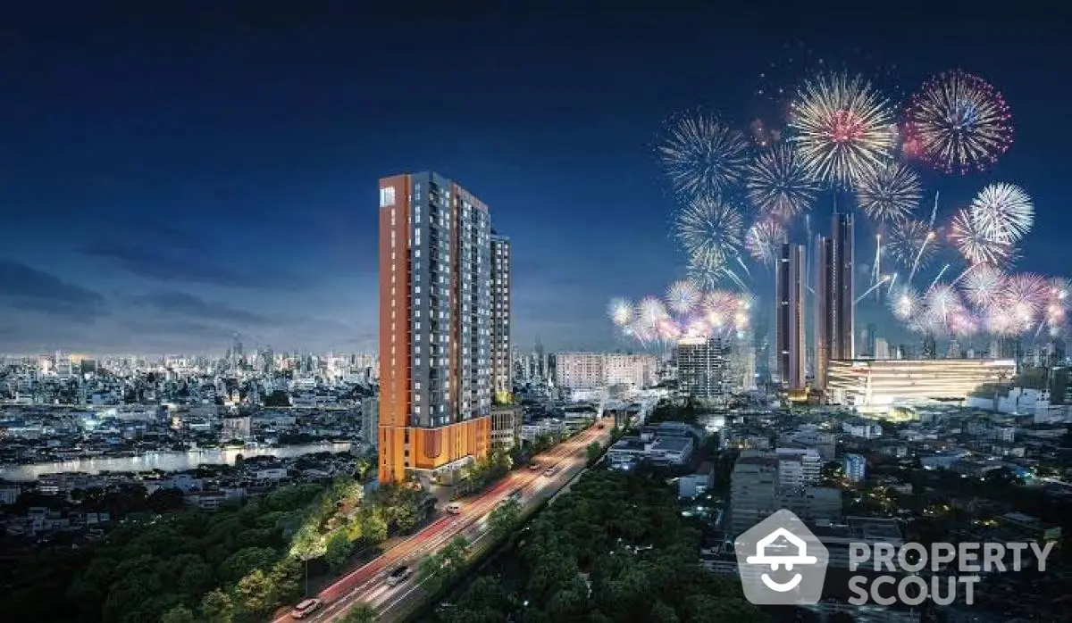 Stunning cityscape with modern high-rise building and vibrant fireworks display