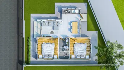 Modern 3D floor plan of a two-bedroom apartment with open living area and kitchen.