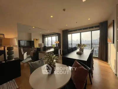Spacious living room with city view and modern decor