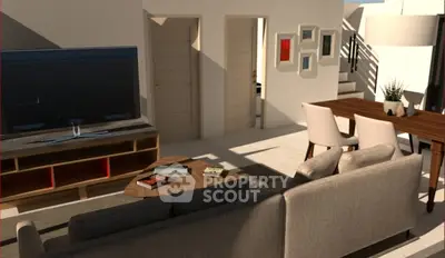 Modern living room with stylish furniture and open dining area
