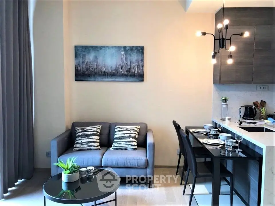Modern living room with stylish decor and open kitchen layout