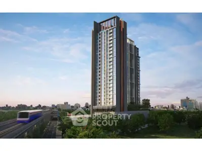 Stunning modern high-rise building with lush greenery and city skyline view.