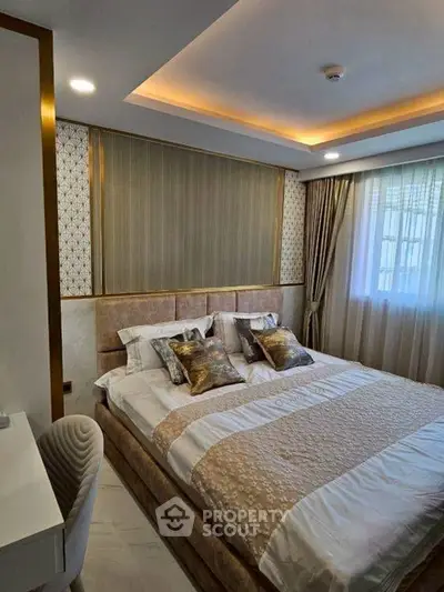 Luxurious bedroom with elegant decor and ambient lighting