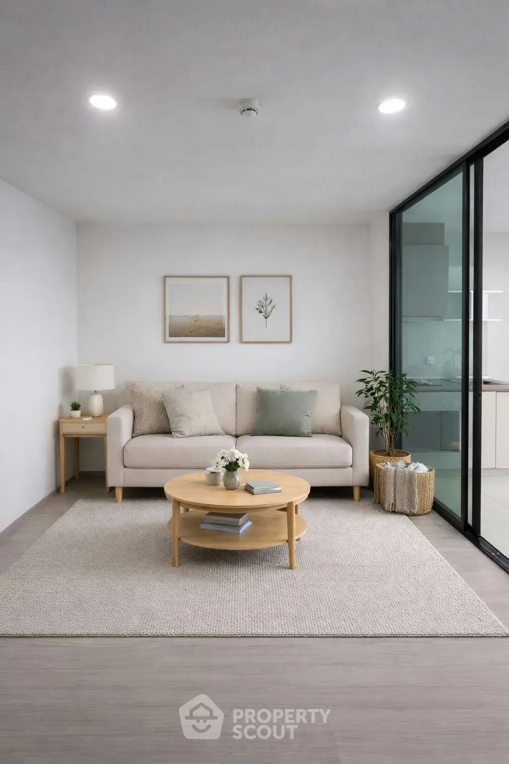 Modern living room with cozy sofa, stylish decor, and natural light