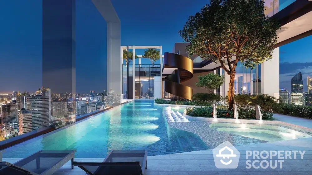 Luxurious rooftop pool with stunning city skyline views at night