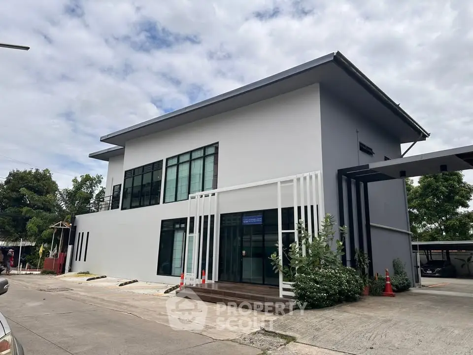Modern two-story building with sleek design and large windows, ideal for commercial or residential use.