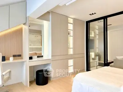 Modern bedroom with sleek built-in storage and elegant decor