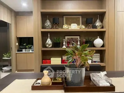 Stylish modern living room with elegant shelving and decor accents