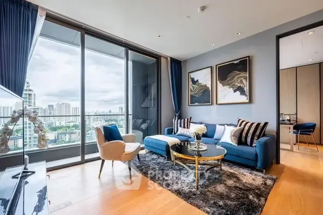 Luxurious living room with stunning city view and elegant decor