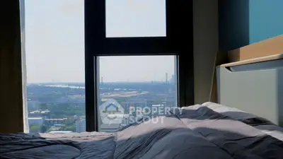 Modern bedroom with stunning city view from large window