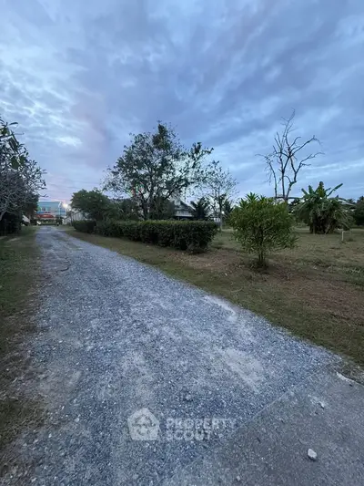 Charming rural property with gravel driveway and lush greenery, perfect for tranquil living.