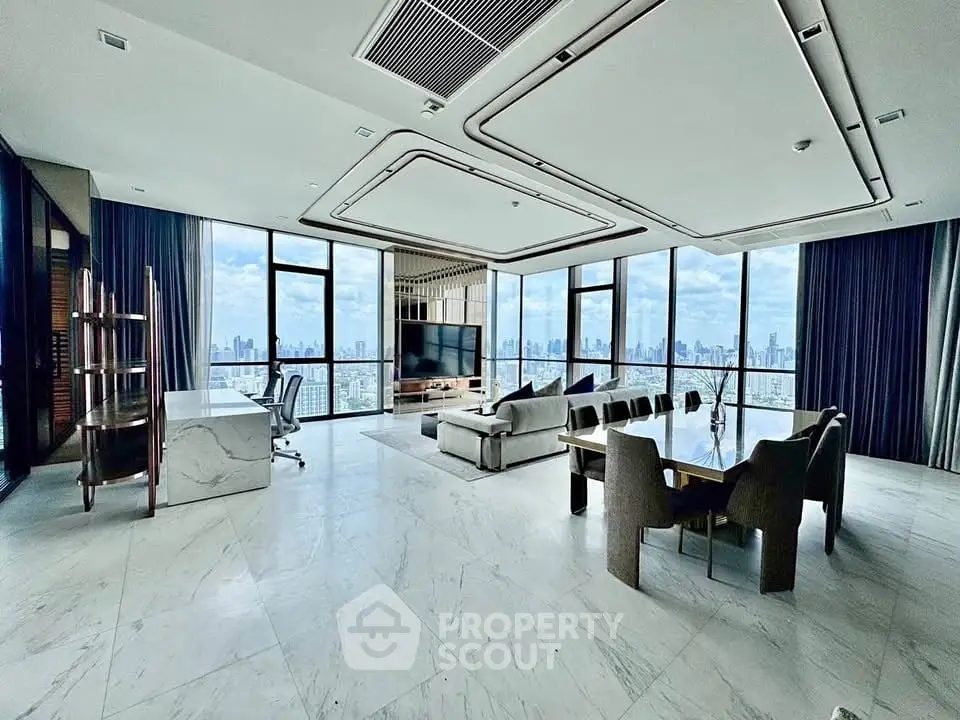 Luxurious modern living room with panoramic city views and elegant marble flooring.