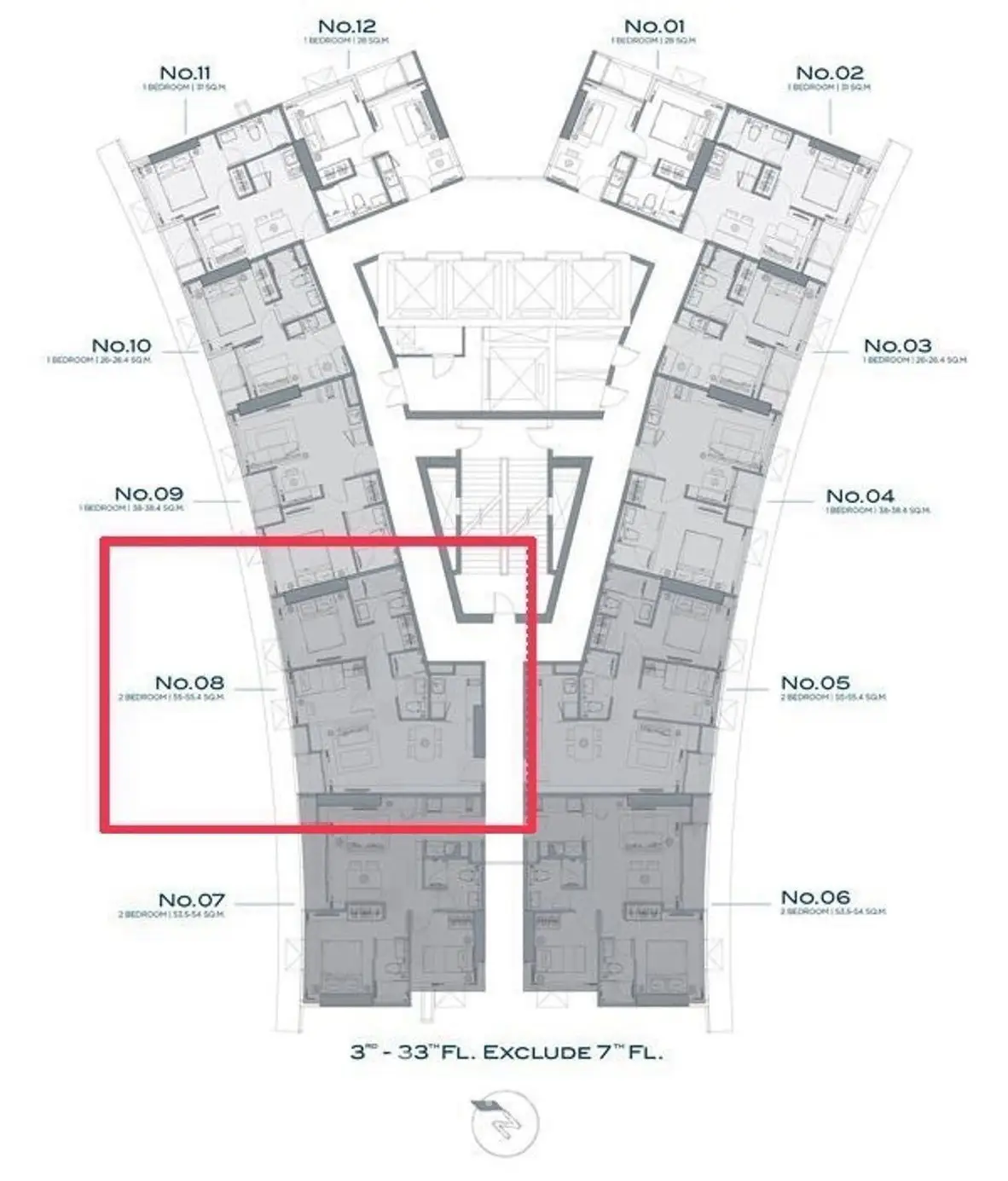 Floor plan layout of a modern residential building with multiple units and detailed room configurations.