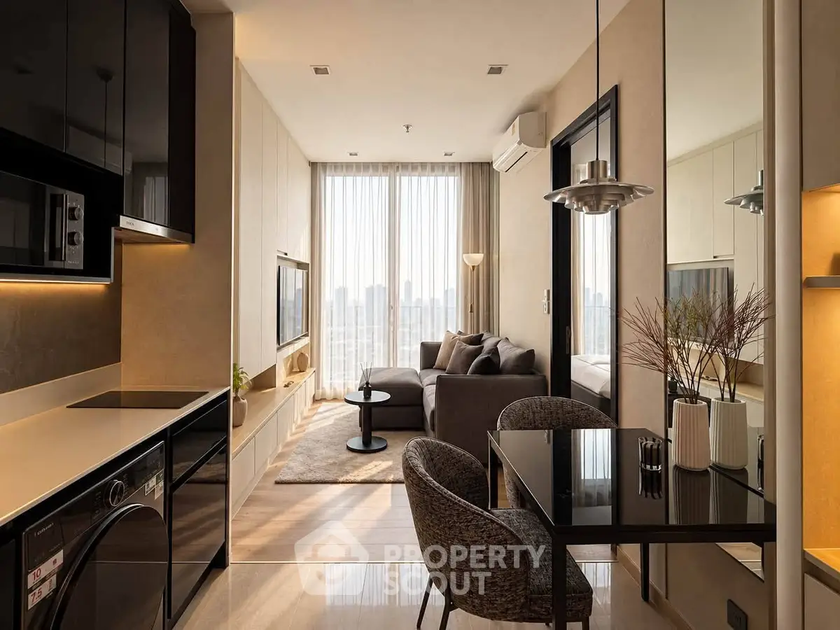 Modern living room with city view, sleek kitchen, and cozy dining area in a stylish apartment.