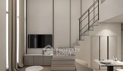 Modern duplex living room with sleek staircase and stylish decor