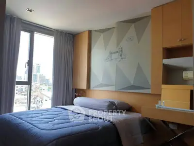 Modern bedroom with city view and stylish geometric wall art