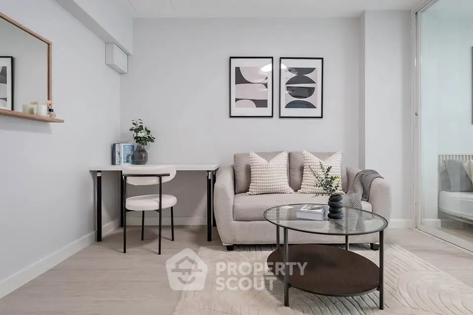 Modern living room with stylish decor and cozy seating area
