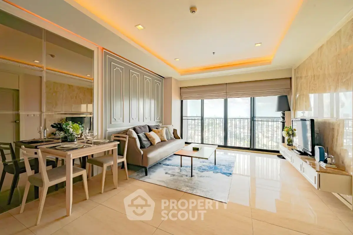 Spacious modern living room with elegant decor and large windows offering stunning views.