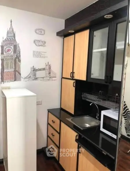 Charming compact kitchen with modern appliances and stylish cabinetry, featuring a unique London-themed wall art.