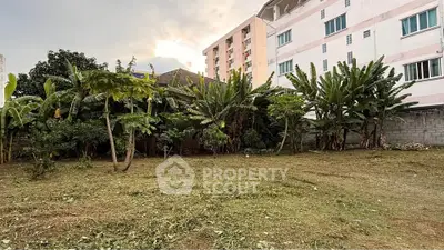 Spacious urban garden plot with lush greenery and adjacent residential building.