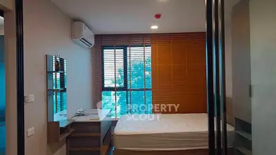 Modern bedroom with large window and stylish wooden blinds