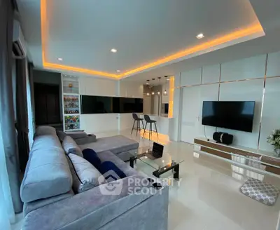 Luxurious modern living room with sleek design and ambient lighting