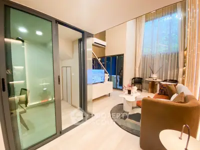 Luxurious modern living room with high ceilings and elegant decor